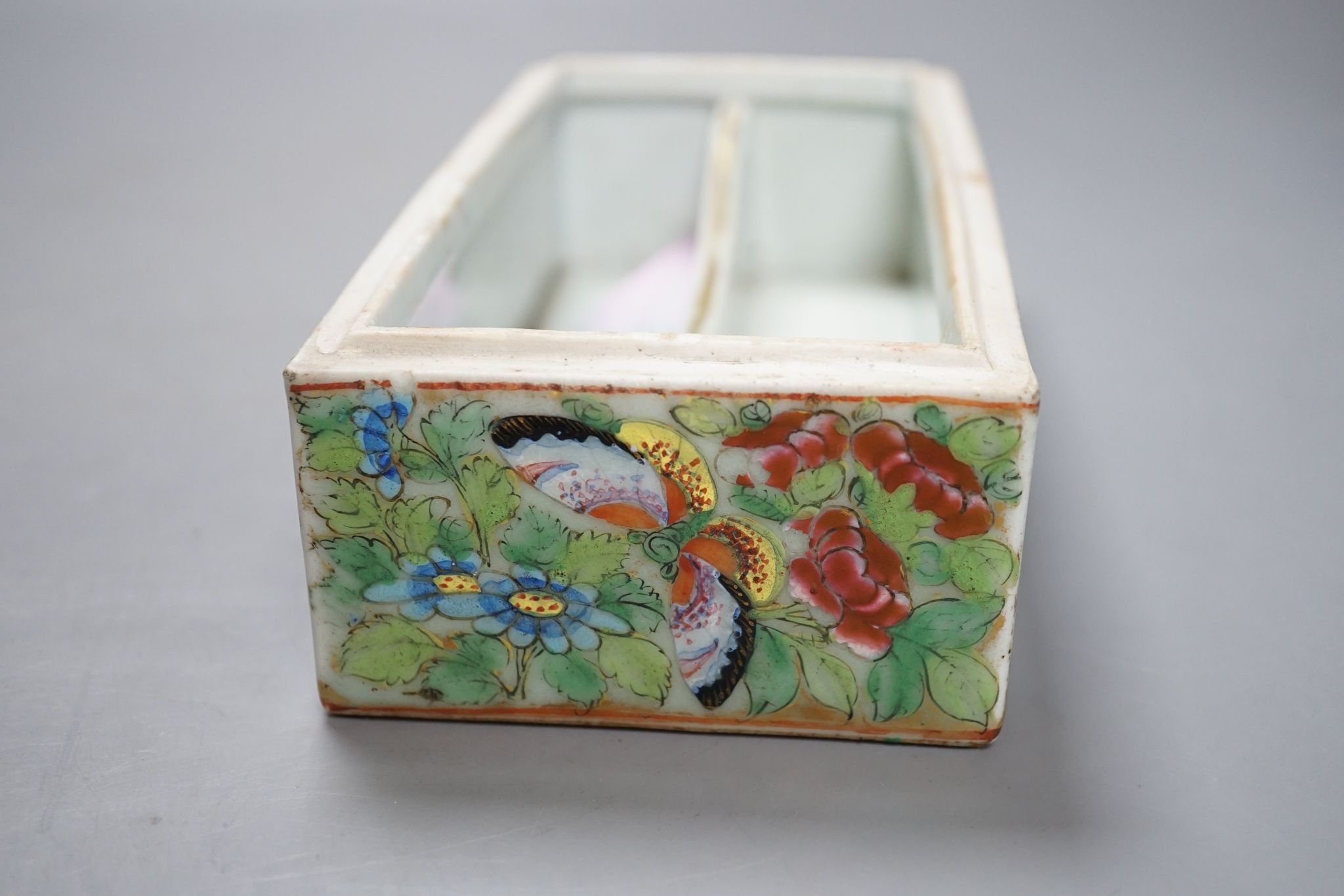 A Canton famille rose pen box, restored, 19cm